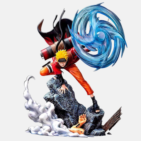 Naruto Uzumaki en position offensive sur socle avec nuages