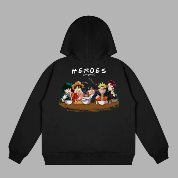 Sweat noir Heroes Anime avec Izuku, Luffy, Goku, Naruto et Tanjiro mangeant des ramens