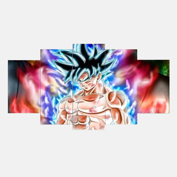 Tableau 5 pièces de Son Goku dans sa forme Ultra Instinct maîtrisé, avec ses cheveux argentés et une aura cosmique bleue et violette.