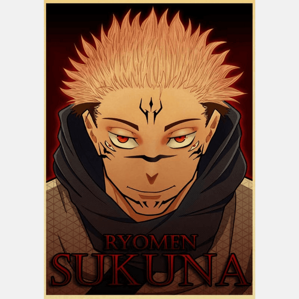 Affiche Jujutsu Kaisen de Sukuna avec regard menaçant, fond sombre, impression HD sur papier kraft sans cadre