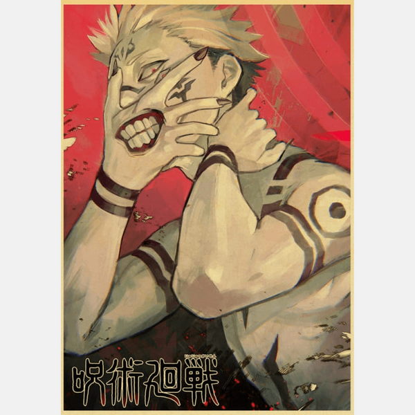 Affiche Jujutsu Kaisen montrant Sukuna contrôlant Yuji, fond rouge, impression kraft vintage sans cadre