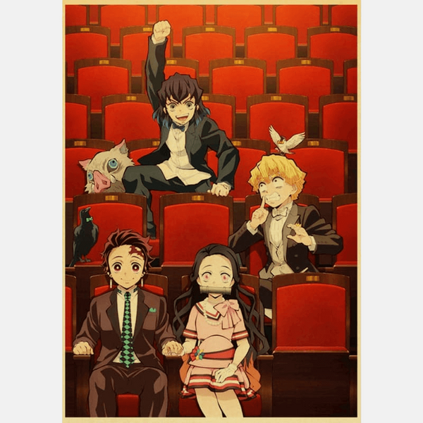 Affiche Demon Slayer de Tanjiro, Nezuko, Zenitsu et Inosuke au cinéma, impression kraft vintage sans cadre