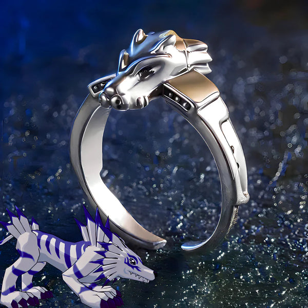 Bague argentée Garurumon Digimon sur fond violet