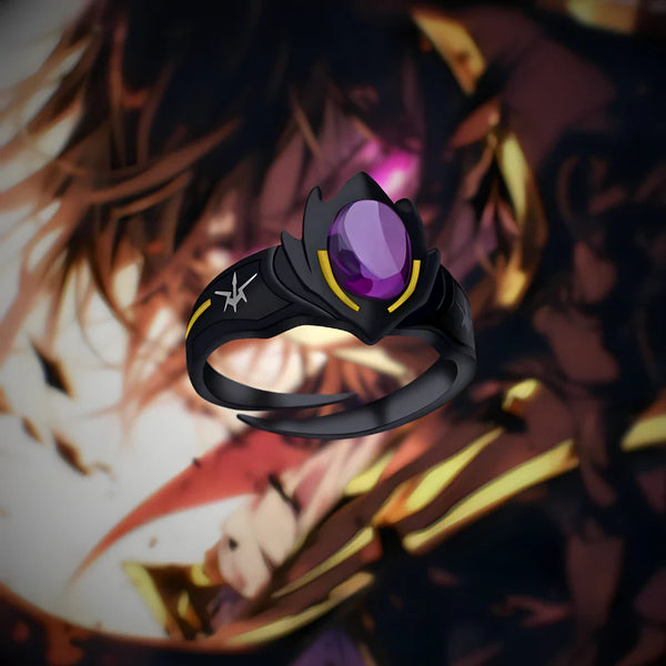 Bague Lelouch posée sur un portrait de l’anime Code Geass