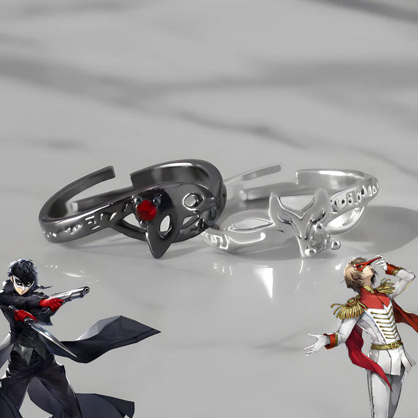 Bague noire Goro Akechi avec pierre rouge et masque