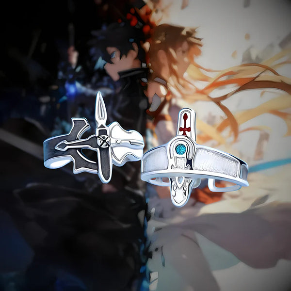 Duo de bagues Kirito et Asuna sur fond bleu lumineux