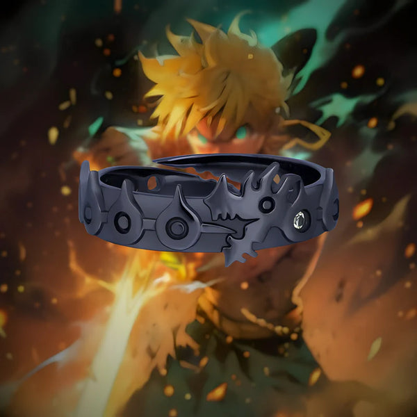 Bague Meliodas en titane noir, vue de face avec fond feu et dragon