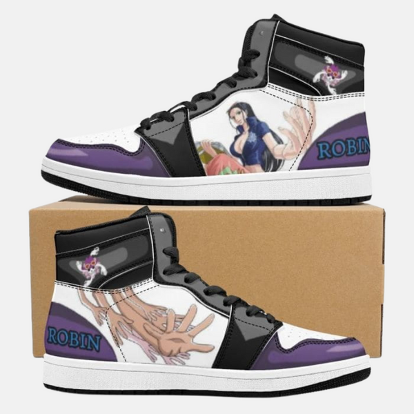 Gros plan sur une basket Nico Robin, mettant en avant la qualité des coutures et l'artwork inspiré de One Piece.