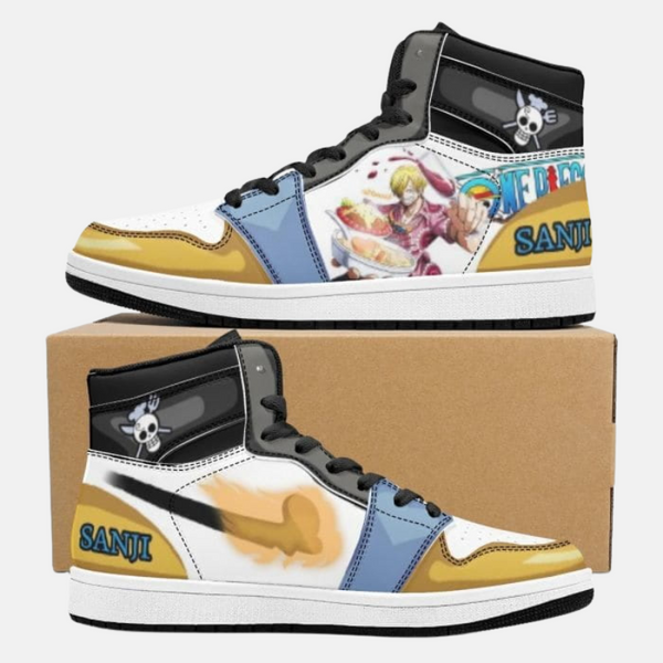 Gros plan sur une basket Sanji, mettant en avant la qualité des coutures et l'artwork inspiré de One Piece.