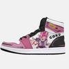 Paire de baskets montantes inspirées de Black Goku en Super Saiyan Rosé, montrant le design rose et noir de Dragon Ball Super.