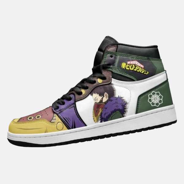 Paire de baskets montantes inspirées de Denki Kaminari, montrant le design jaune et noir de son costume de héros.