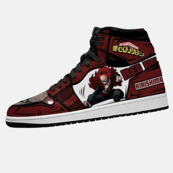 Paire de baskets montantes inspirées de Eijiro Kirishima, montrant le design rouge et noir de Red Riot.