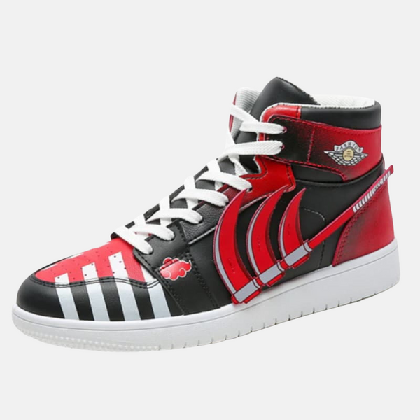 Paire de baskets montantes inspirées de Hidan, montrant le design avec le symbole de Jashin et les couleurs de l'Akatsuki.