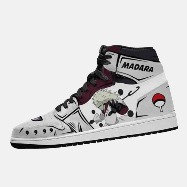 Paire de baskets montantes inspirées de Jiraiya, montrant le design rouge et blanc de l'Ermite des Crapauds.