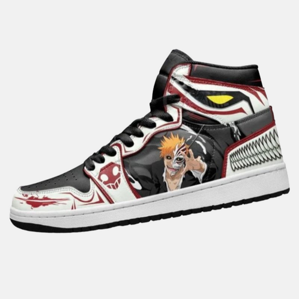 Paire de baskets montantes inspirées de Jiraiya, montrant le design rouge et blanc de l'Ermite des Crapauds.