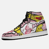 Paire de baskets montantes inspirées de Kid Buu, montrant le design rose et noir de la forme finale de Majin Buu.
