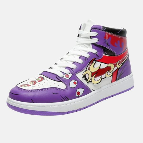 Paire de baskets montantes inspirées de Kokushibo, montrant le design violet et ses six yeux.