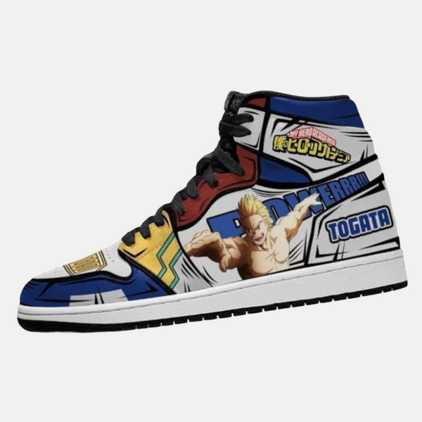 Paire de baskets montantes inspirées de Lemillion (Mirio Togata), montrant le design de son costume de héros.