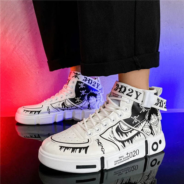 Détail de la semelle des baskets Luffy 3D2Y, montrant le logo et les effets lumineux LED rouges.