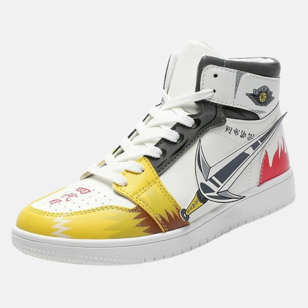 Paire de baskets montantes inspirées de Minato Namikaze, montrant le design de sa cape de Hokage.