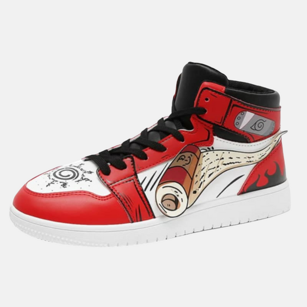 Paire de baskets montantes inspirées de Naruto en Mode Ermite, montrant le design rouge et noir.