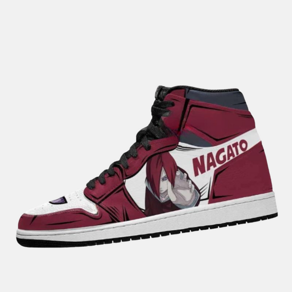 Paire de baskets montantes inspirées de Naruto en Mode Chakra de Kyūbi, montrant le design orange et les sceaux noirs.