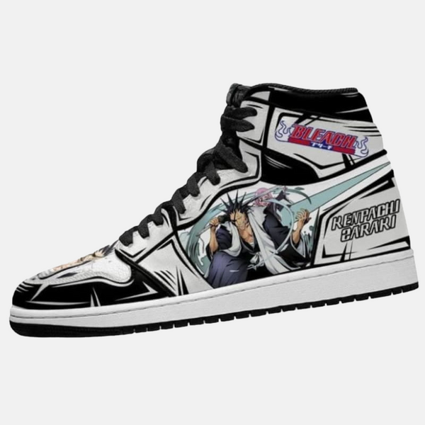 Paire de baskets montantes inspirées de Renji Abarai, montrant le design de son Bankai, Hihiō Zabimaru.