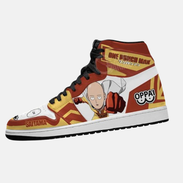Paire de baskets montantes inspirées de Saitama, montrant le design jaune et rouge et l'illustration du personnage