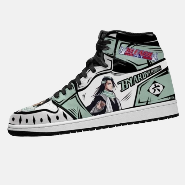 Paire de baskets montantes inspirées de Sakura Haruno, montrant le design rose et rouge de la kunoichi.