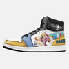 Paire de baskets montantes inspirées de Sanji, montrant le design jaune et bleu et l'illustration du personnage.