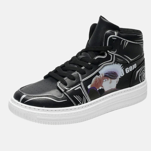 Paire de baskets montantes inspirées de Satoru Gojo, montrant le design noir et bleu de son pouvoir de l'Infini.