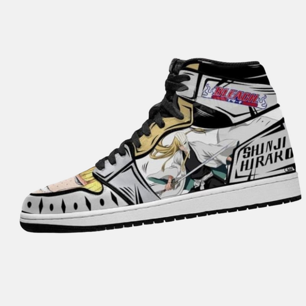 Paire de baskets montantes inspirées de Shinji Hirako, montrant le design de style manga et son masque de Vizard.