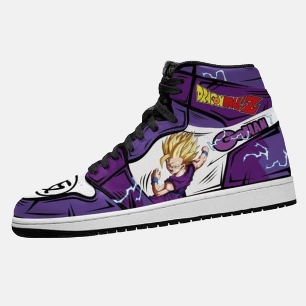 Paire de baskets montantes inspirées de Son Gohan en Super Saiyan 2, montrant le design violet et les éclairs de Dragon Ball Z.