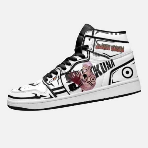 Paire de baskets montantes inspirées de Ryomen Sukuna, montrant le design artistique de l'anime Jujutsu Kaisen.