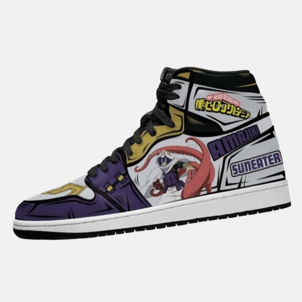 Paire de baskets montantes inspirées de Tamaki Amajiki, montrant le design de son alter "Manifestation".