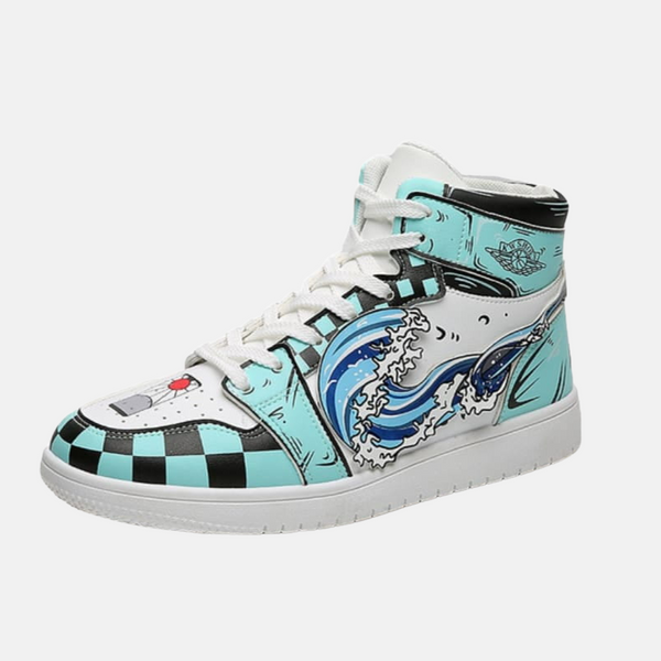 Paire de baskets montantes inspirées de Tanjiro Kamado, montrant le design de son haori et du Souffle de l'Eau.