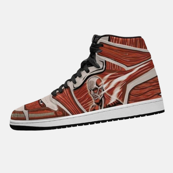 Paire de baskets montantes inspirées du Titan Colossal, montrant le design de ses muscles et sa couleur rouge.