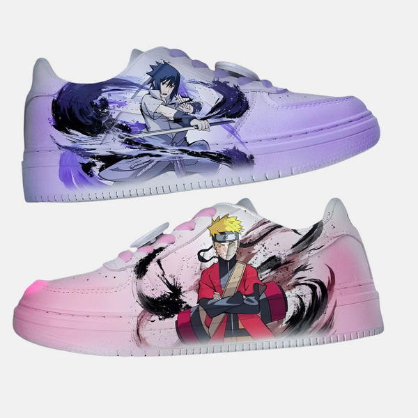 Paire de baskets montantes inspirées de Tobi (Obito Uchiwa), montrant le design du vortex Kamui et les couleurs de l'Akatsuki.