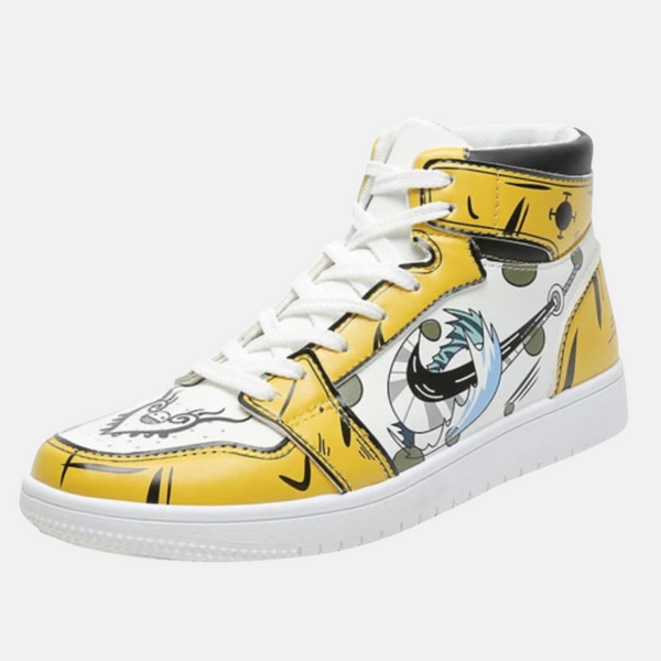 Paire de baskets montantes inspirées de Trafalgar Law, montrant le design jaune et blanc des Heart Pirates