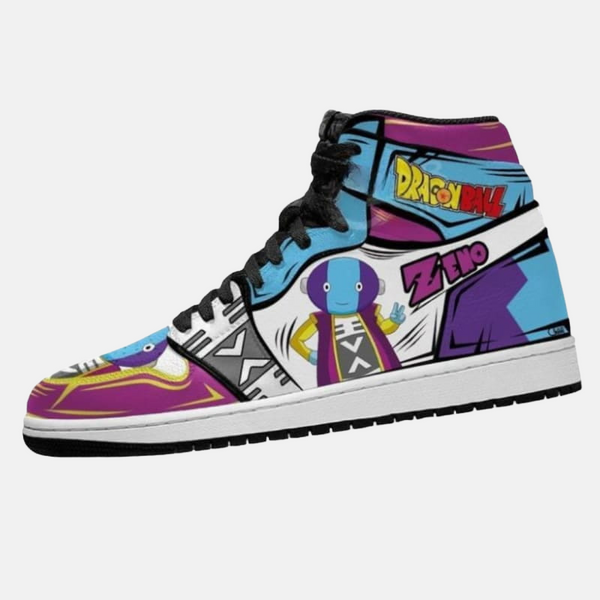Paire de baskets montantes inspirées de Zen'ô, montrant le design coloré du Roi de Tout de Dragon Ball Super.