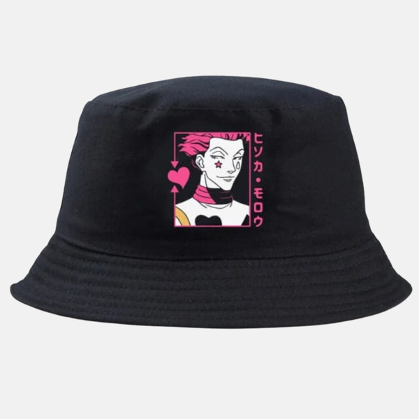 Bob noir avec un portrait graphique de Hisoka Morow (étoile sur joue droite, larme sur joue gauche) imprimé sur le devant.