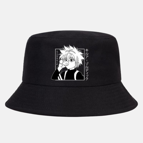 Bob noir avec un portrait graphique stylisé de Kirua Zoldyck sur le devant.