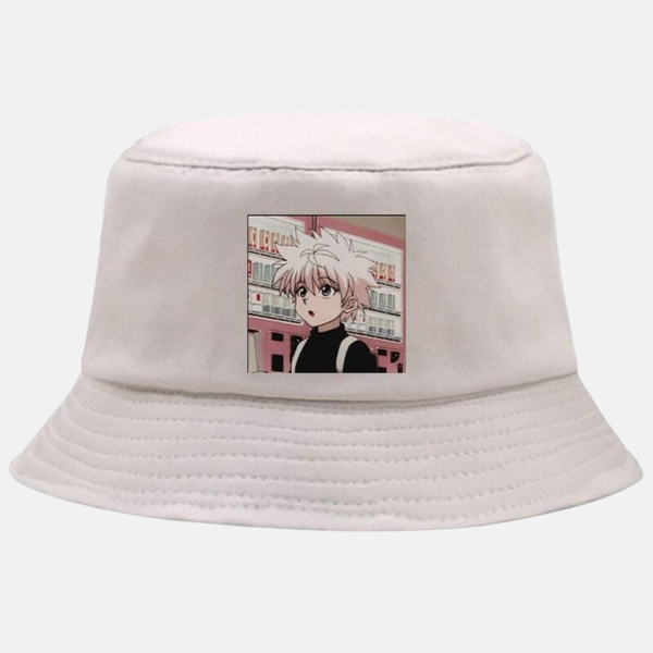 Bob beige avec un portrait détaillé de Kirua Zoldyck imprimé sur le devant.