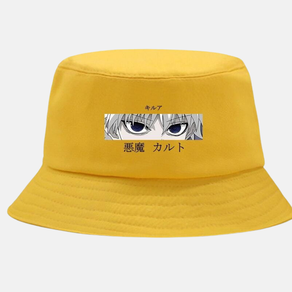 Bob jaune avec les yeux bleus perçants de Kirua Zoldyck brodés ou imprimés sur le devant.