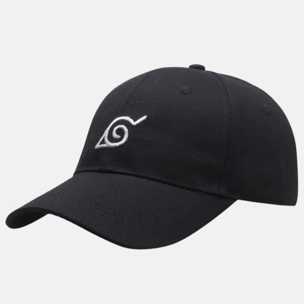 Casquette de baseball noire avec le symbole du Village Caché de la Feuille (Konoha) brodé en blanc sur le devant.