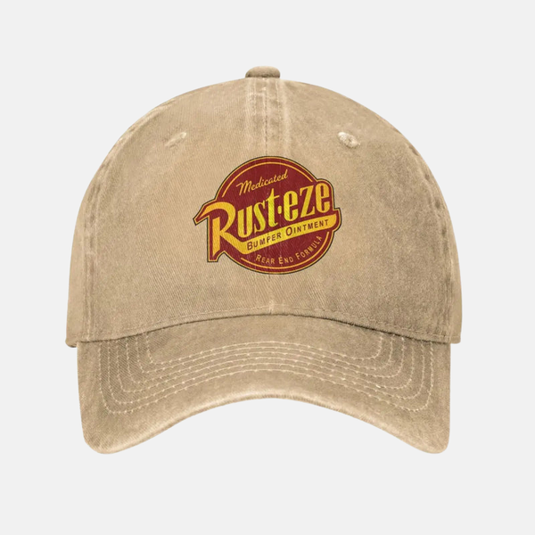 Casquette beige vintage avec le logo Rust-eze brodé.