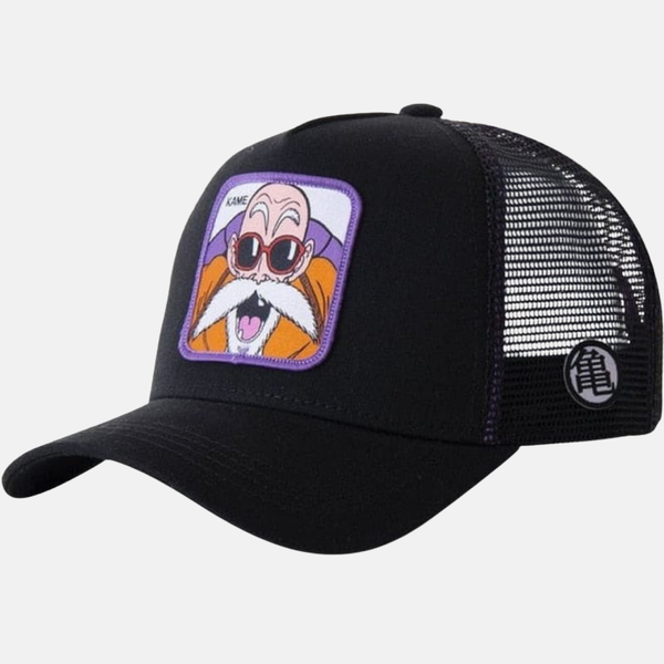 Casquette style trucker noire avec filet à l'arrière et un patch de Tortue Géniale (Maître Roshi) sur le devant.