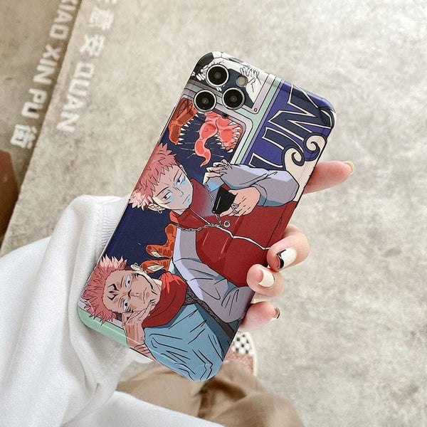 Collection de coques pour iPhone au style "chibi" de Jujutsu Kaisen, montrant les modèles de Yuji & Sukuna et de Satoru Gojo.