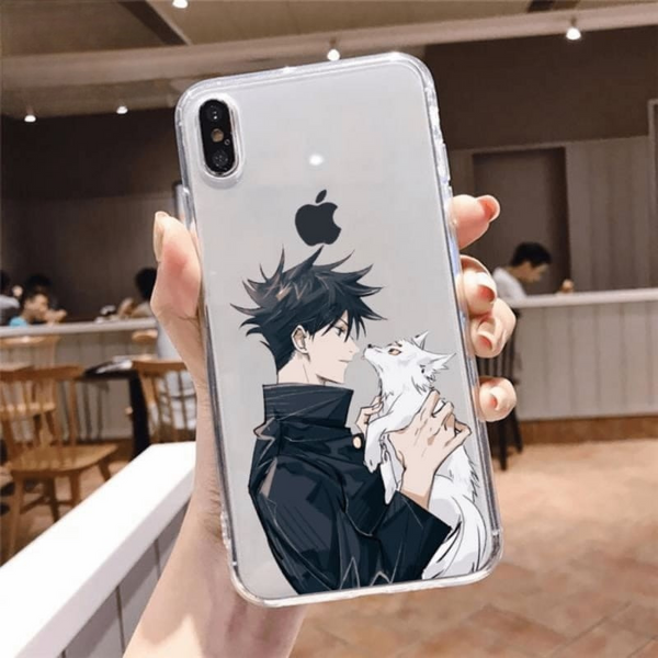 Coque pour iPhone avec une illustration de Megumi Fushiguro de Jujutsu Kaisen, utilisant sa Technique des Dix Ombres.