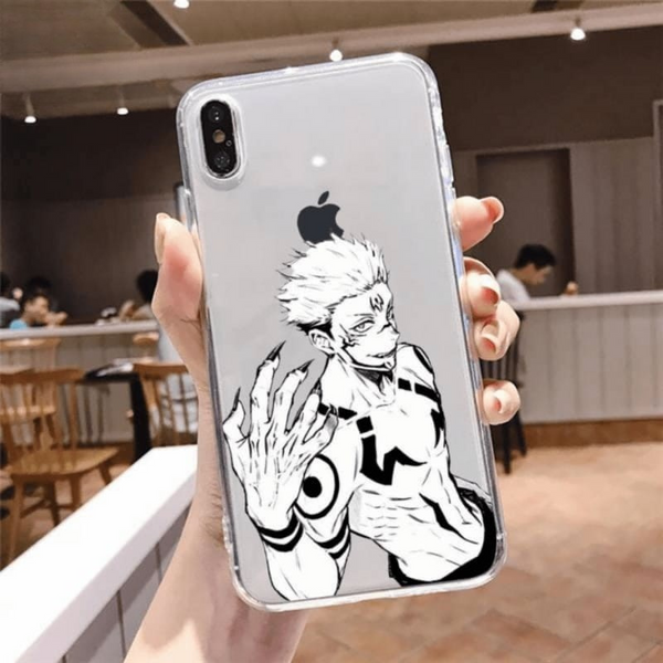Coque pour iPhone avec une illustration en noir et blanc de Sukuna sur son trône, de l'anime Jujutsu Kaisen.